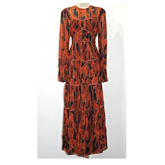 Farm Rio Giraffes Puff Sleeve Corset Piping Tiered Maxi Dress in Orange  S  $315 - Picture 11 of 16